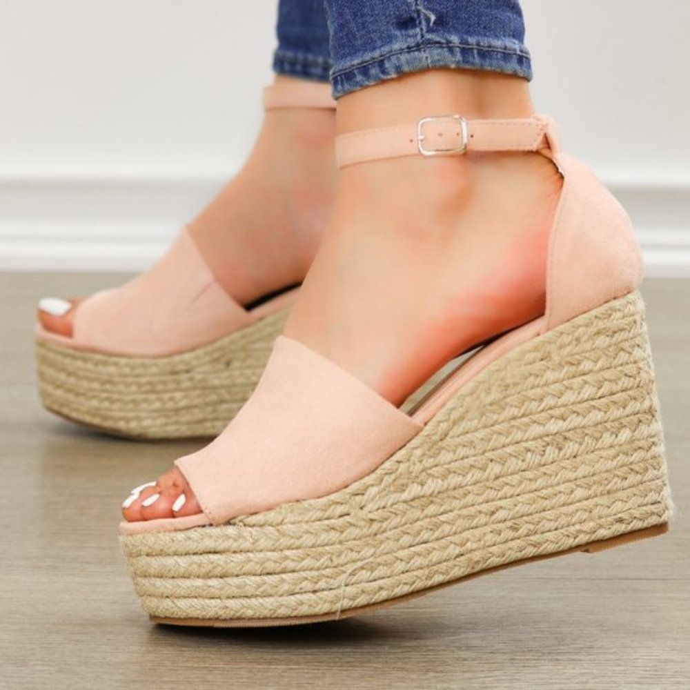 Blush Faux Suede Wedge Peep Toe Espadrille Sandal - Picture 4 of 8